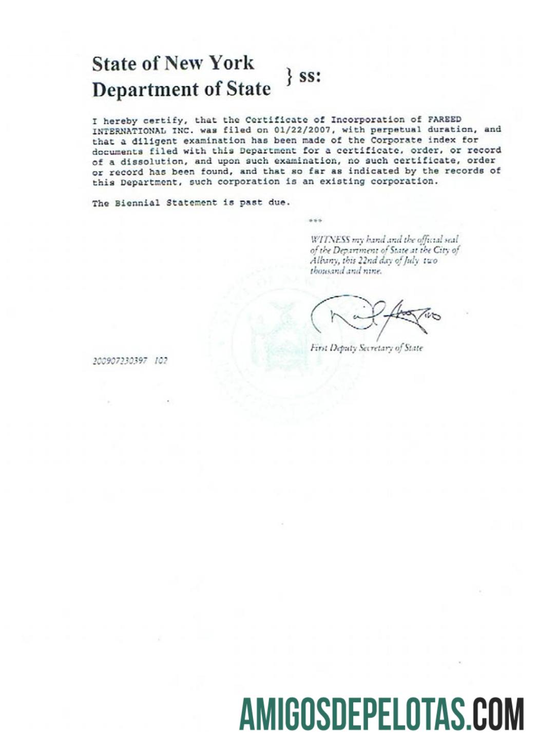 Exemplo de Certificado de Regularidade dos EUA em Nova York